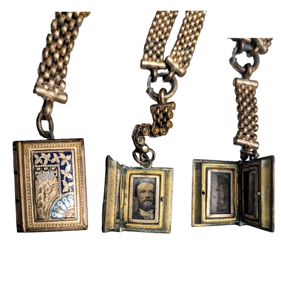 Antique Jewelry - Antique 1880s Brass Book Shaped Locket With Blue Design, Photograph, and Hair